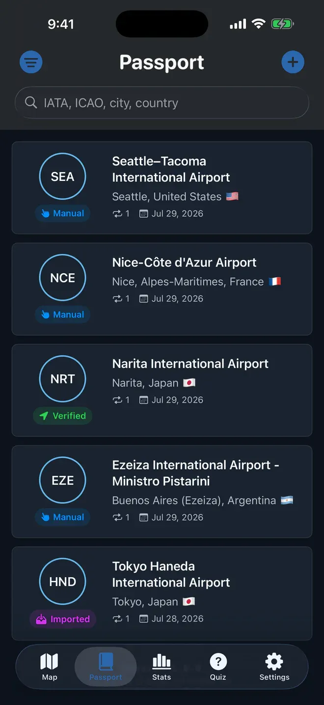 SkyStamp Passport showing airport entries, stamp types, search, and the add button