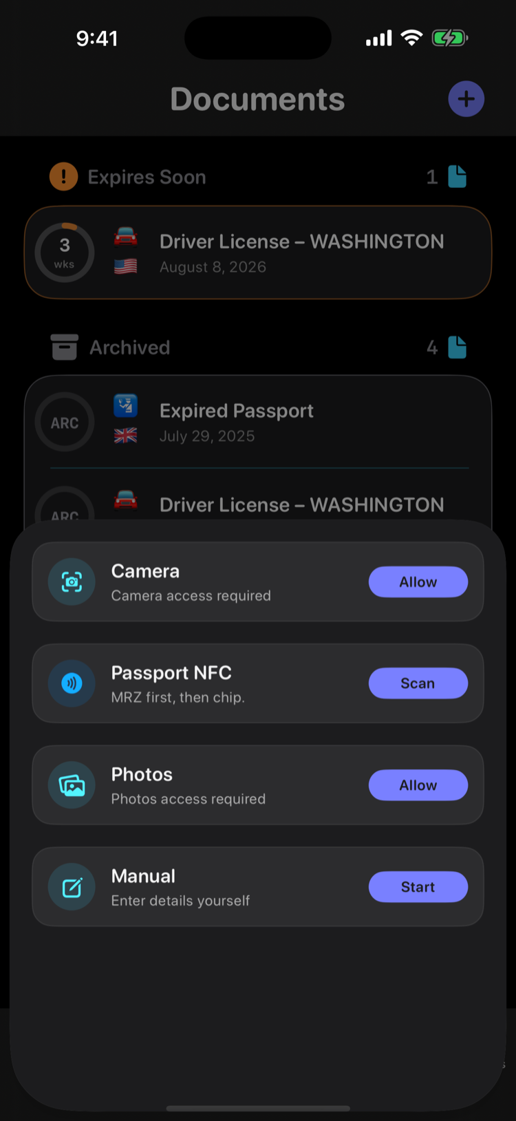 RenewalKit Add Document sheet with Camera, Passport NFC, Photos, and Manual options